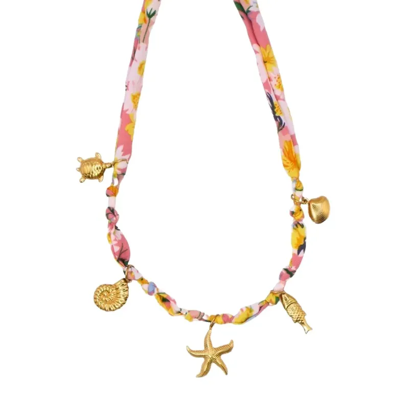 Wholesale Beach Series Marine Life Multicolor Floral Shell Pendant Ribbon Cloth Strip Necklace - Image 5