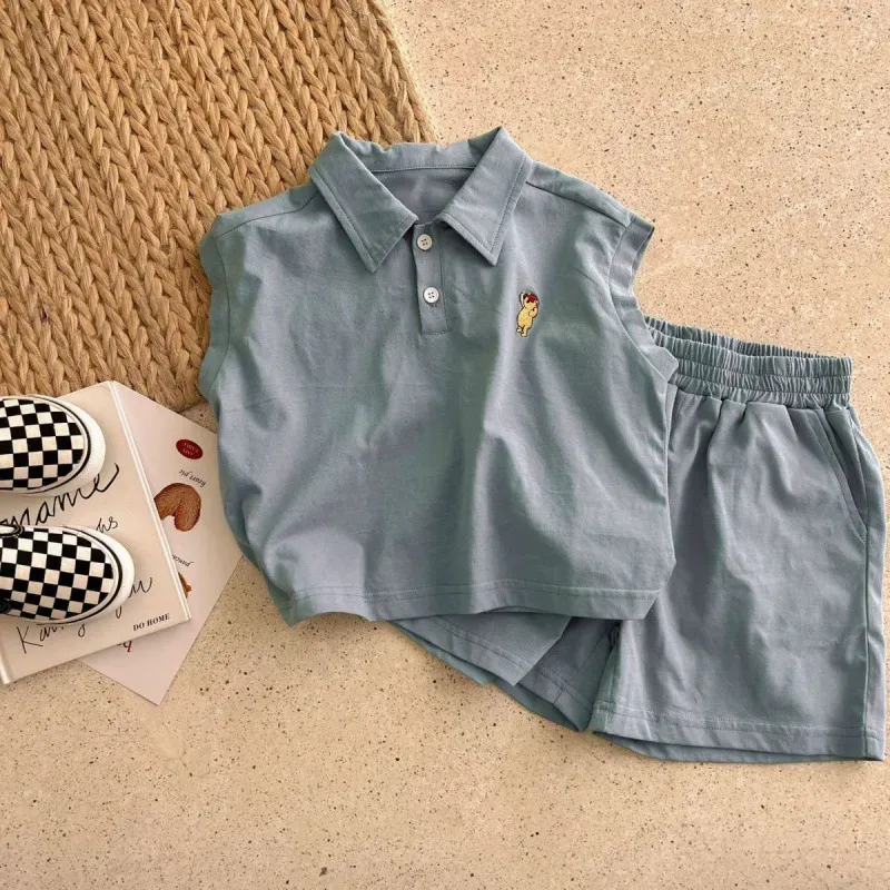 Wholesale Kids Casual Cartoon Embroidery Lapel Sleeveless Loose Top And Elastic Waist Shorts Set - Image 10