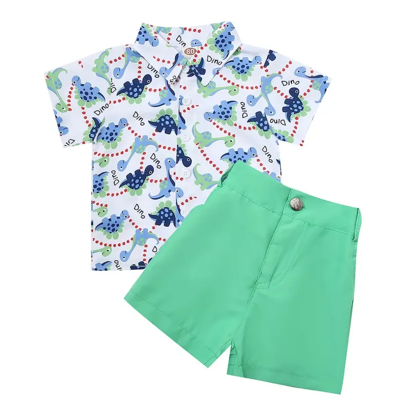 Wholesale Boy Fashion Casual Printed Lapel Short Sleeve Blouse Loose Shorts Two-Piece Set - Image 4