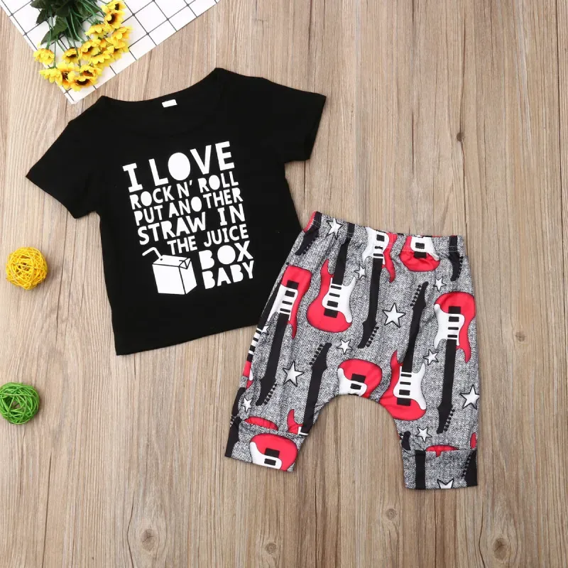Wholesale Boys Basic Round Neck Short Sleeve Letter T-shirt And Elastic Guitar Harem Pants Set - Image 3