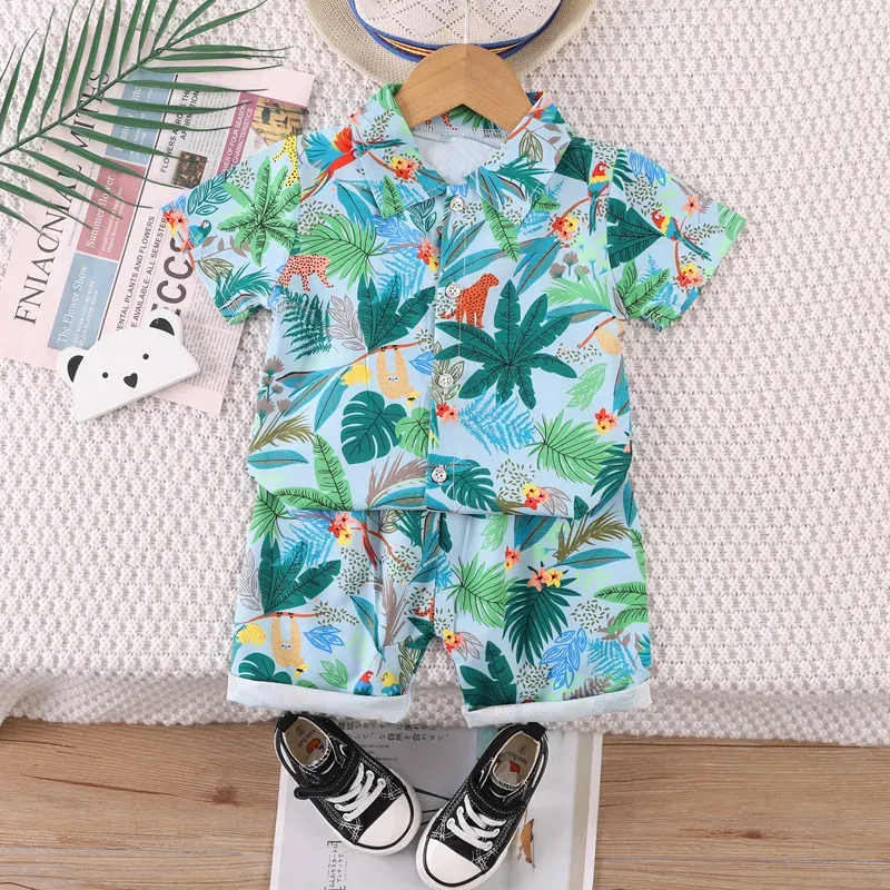 Wholesale Kids Baby Boys Casual Holiday Tiny Flower Print Short Sleeve Lapel Shirt Shorts Sets - Image 3