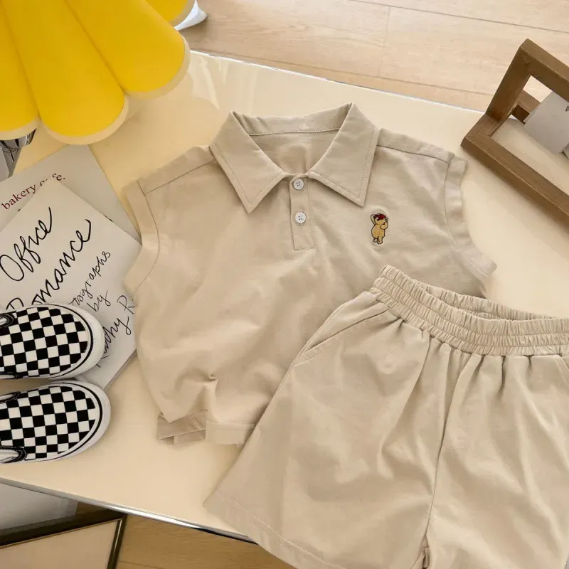 Wholesale Kids Casual Cartoon Embroidery Lapel Sleeveless Loose Top And Elastic Waist Shorts Set - Image 11