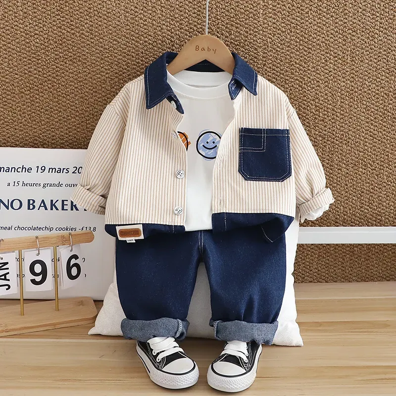 Wholesale Kids Toddler Boys Fashion Casual Smiley Print Long Sleeve T-Shirt Stripe Long Sleeve Shirt Jeans Three-Piece Set - Image 8